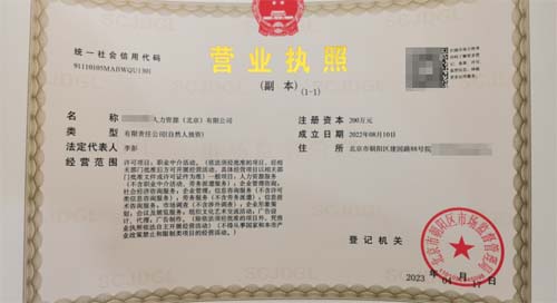 公司注冊案例:我公司為xxxx國際人力資源公司完成營業執照代辦業務